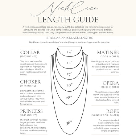 Necklace length guide with collar, choker, princess, matinee, opera, and rope lengths