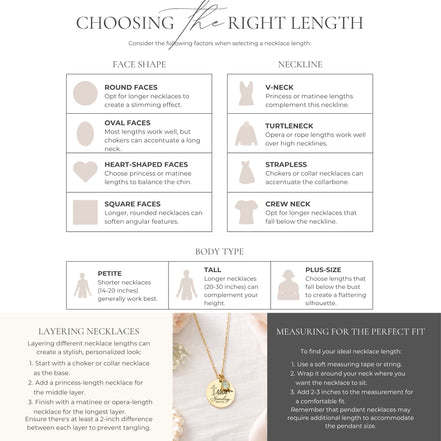 Infographic on choosing the right necklace length based on face shape, neckline, and body type